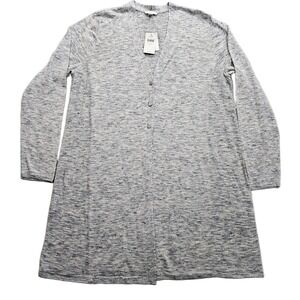 J. Jill Duster Cardigan Sweater Linen Blend Womens Large 3 Button Navy Blue Long